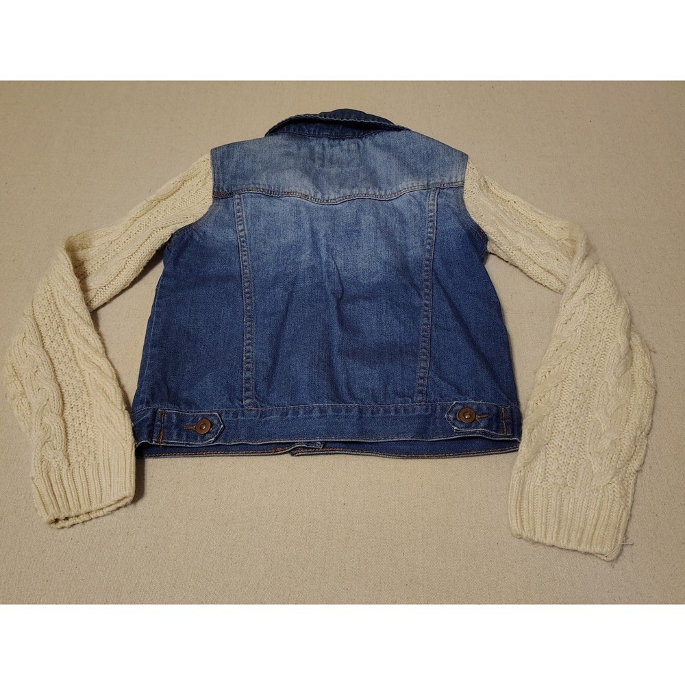 Forever 21 Denim Jacket Cream Knit Sleeve Combo Trucker Style Blue - Picture 7 of 8